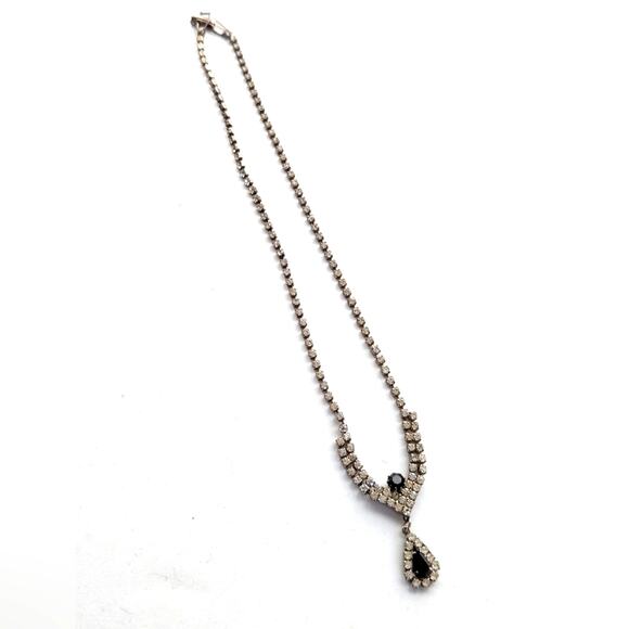 Vintage Retro Glam Glass Rhinestone Dangle Teardrop Faux Onyx Pendant Necklace - Picture 3 of 4